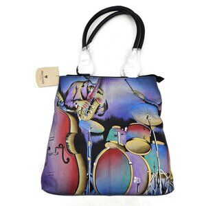 New Anuschka Jazz Trio Large Leather Shopper Tote Handpainted Purse Shoulder Bag